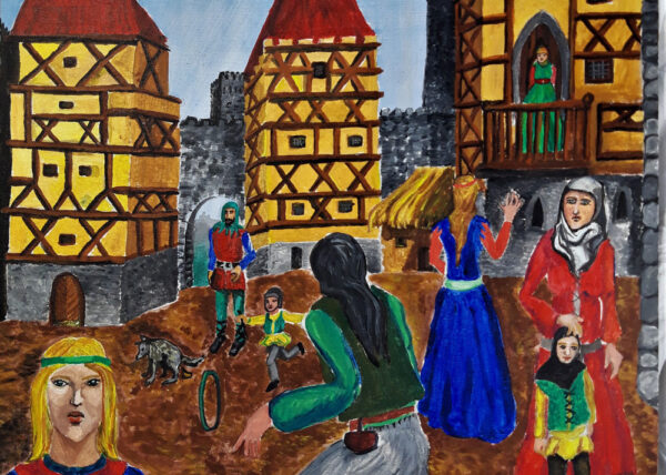 Malerei "Mittelalter Markt" 50 x 40 cm Acryl auf Malplatte